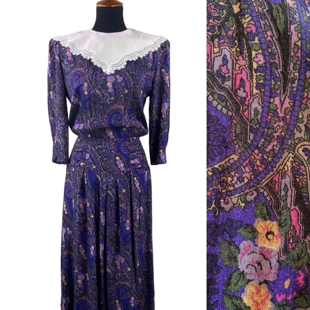 Vintage Floral Paisley Midi Dress Size 6 Cottagecore Grannycore Purple